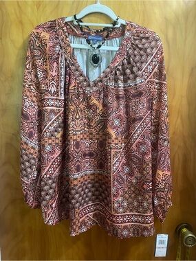 NWT Democracy Multicolor Paisley Printed V-Neck Peasant Blouse